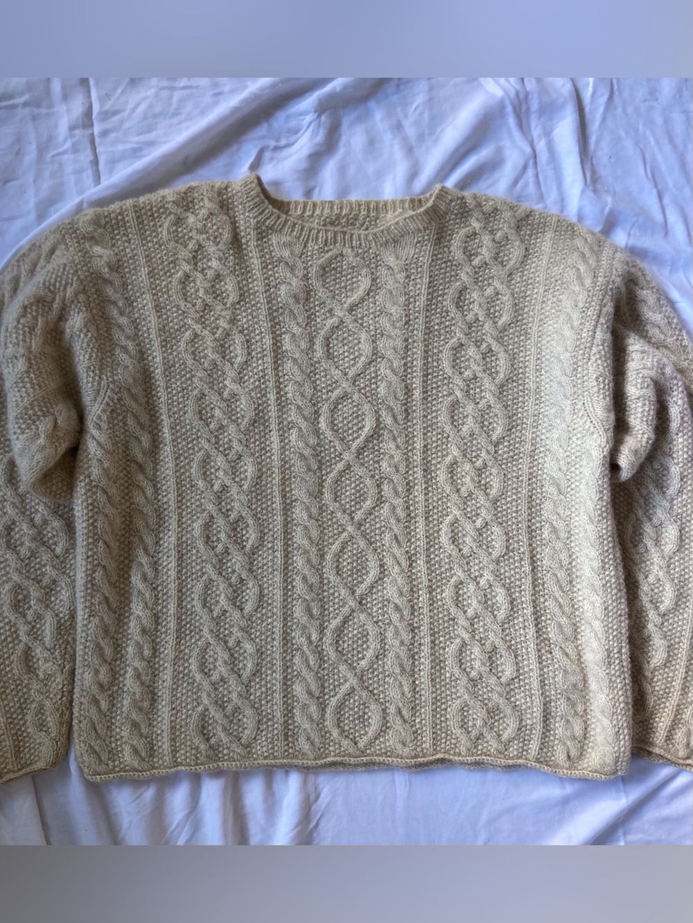 VTG Hand Knit 100% Wool Cable Fisherman Sweater Cream Colored Chunky Med/Lg